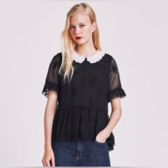 Zara Tops - Zara Embroidered Peter Pan Collar Gothic Black Blouse RARE